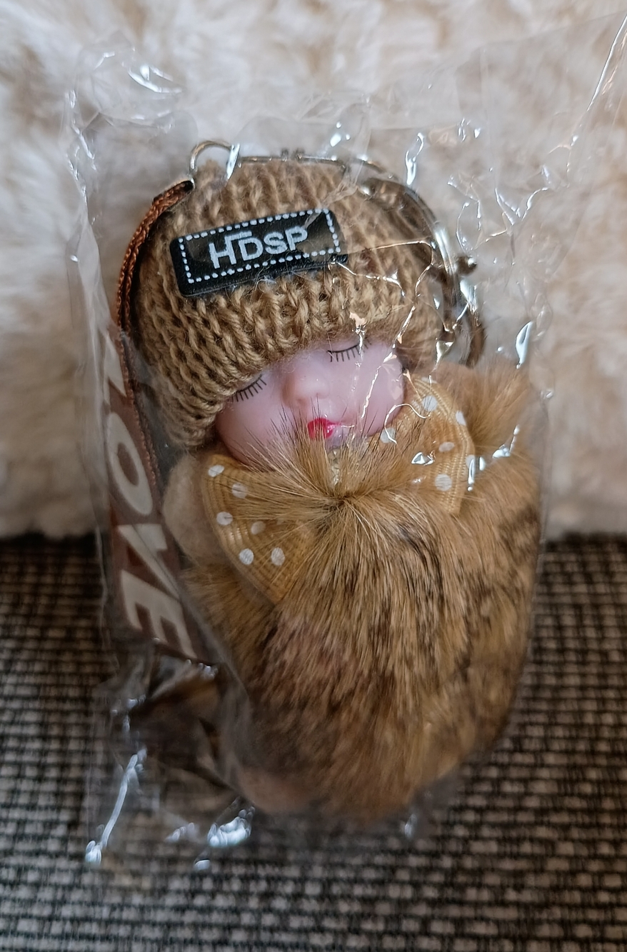 Sleeping Baby Plush Fluffy Love Keychain, Tan, approximately 6", NWT - Picture 2 of 3